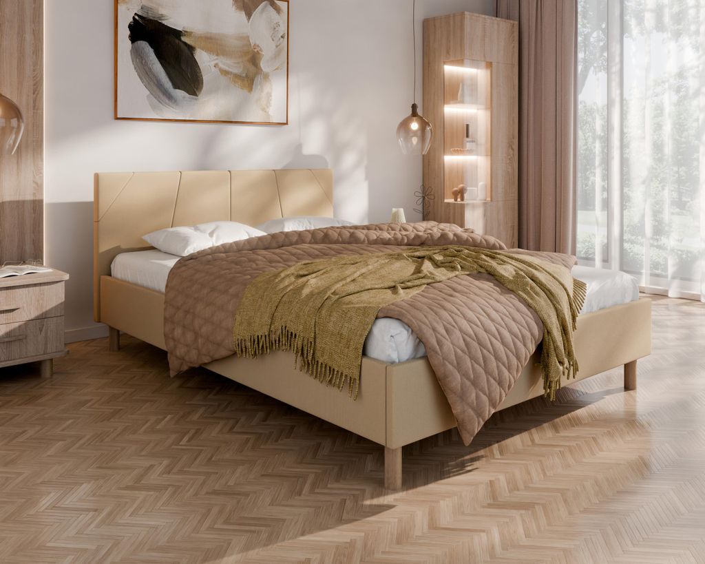ALMORE Polsterbett – minimalistisches Design, Holzbett auf Füßen | Federkernmatratze