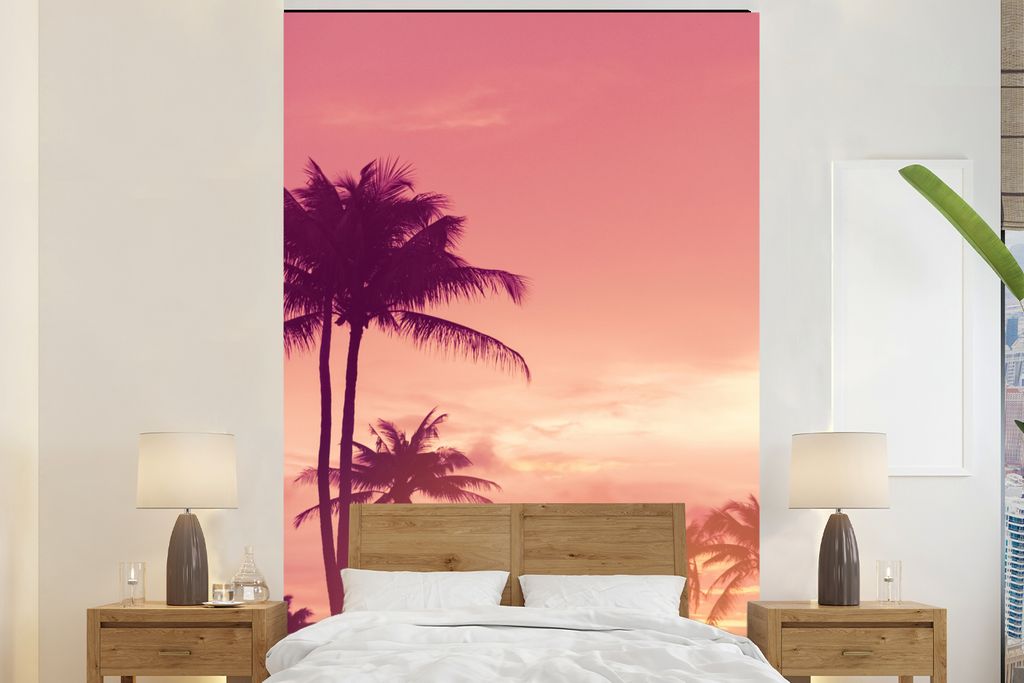 MuchoWow Fototapete für Wohnzimmer oder Schlafzimmer Wandtapete Vinyl Motivtapete Himmel - Palme - Abend - Natur - Tropisch - 145x220 cm - Wandd...