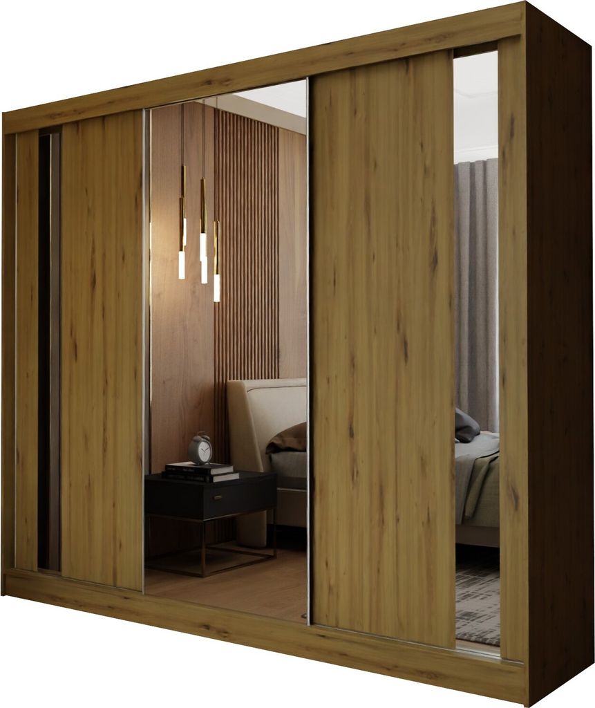 Masseno Schiebetürenschrank GRAZIA 240 cm Kleiderschrank Schlafzimmer Schrank 3-türig mit Spiegel Eiche Artisan