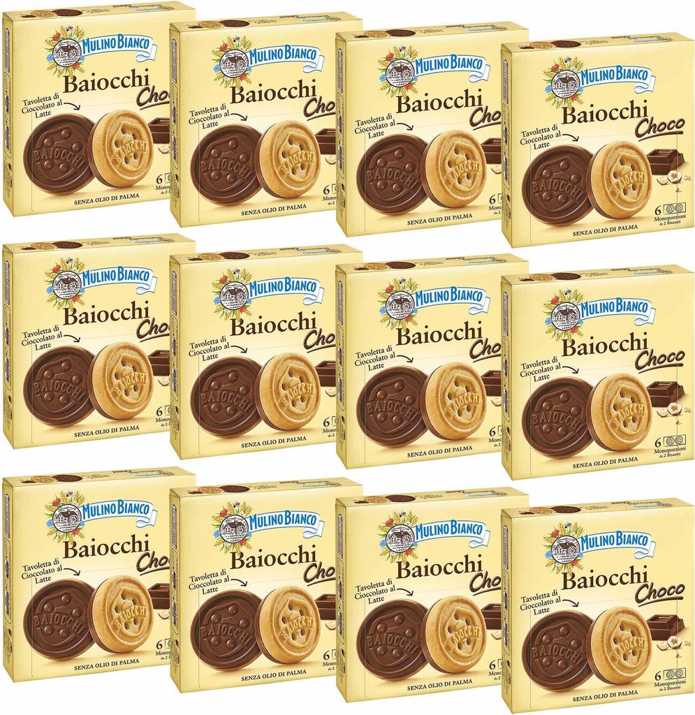 MULINO BIANCO Baiocchi Choco - Italienische Kekse mit Schokoladenfüllung 144g x 12 Pakete