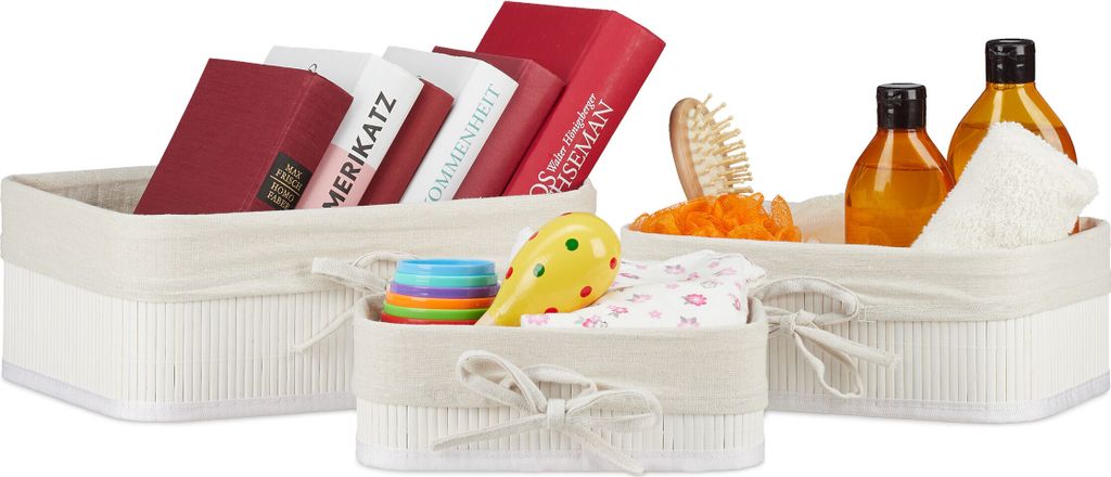 Badezimmerkörbe - Set von 3 - Bambus - Stoff - Spielzeug - Stapelbar - Weiß