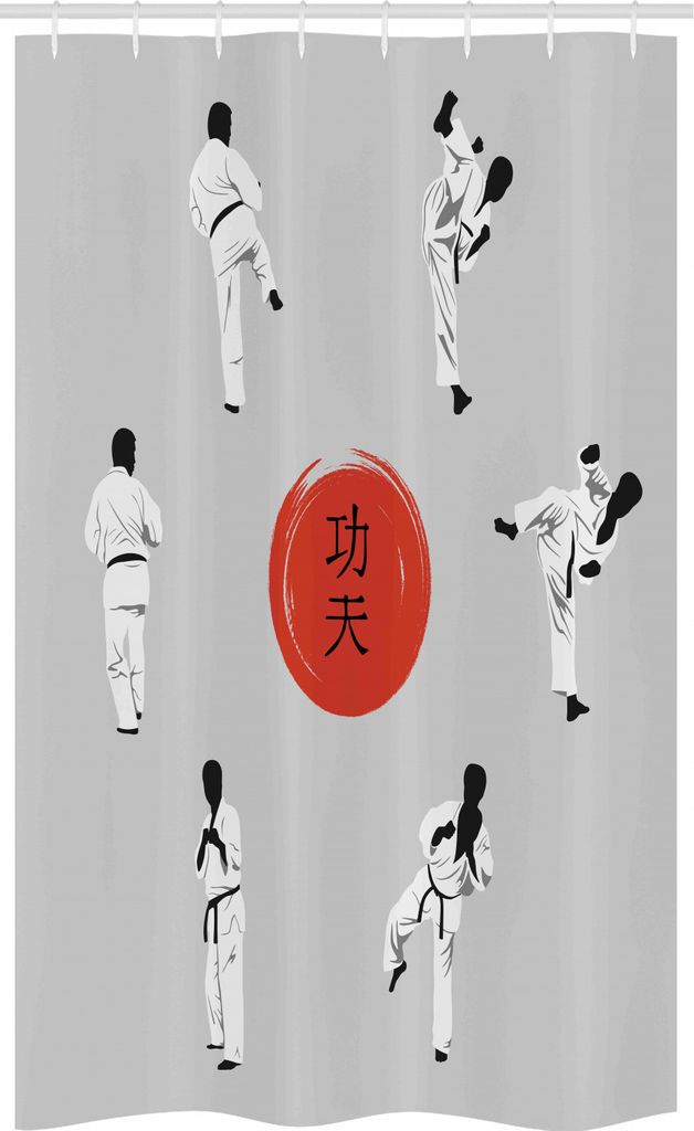 ABAKUHAUS Kung Fu Schmaler Duschvorhang, Männer in Karate Kleidung Moves, Badezimmer Deko Set aus Stoff mit Haken, 120 x 180 cm, Pale Grau Vermili...