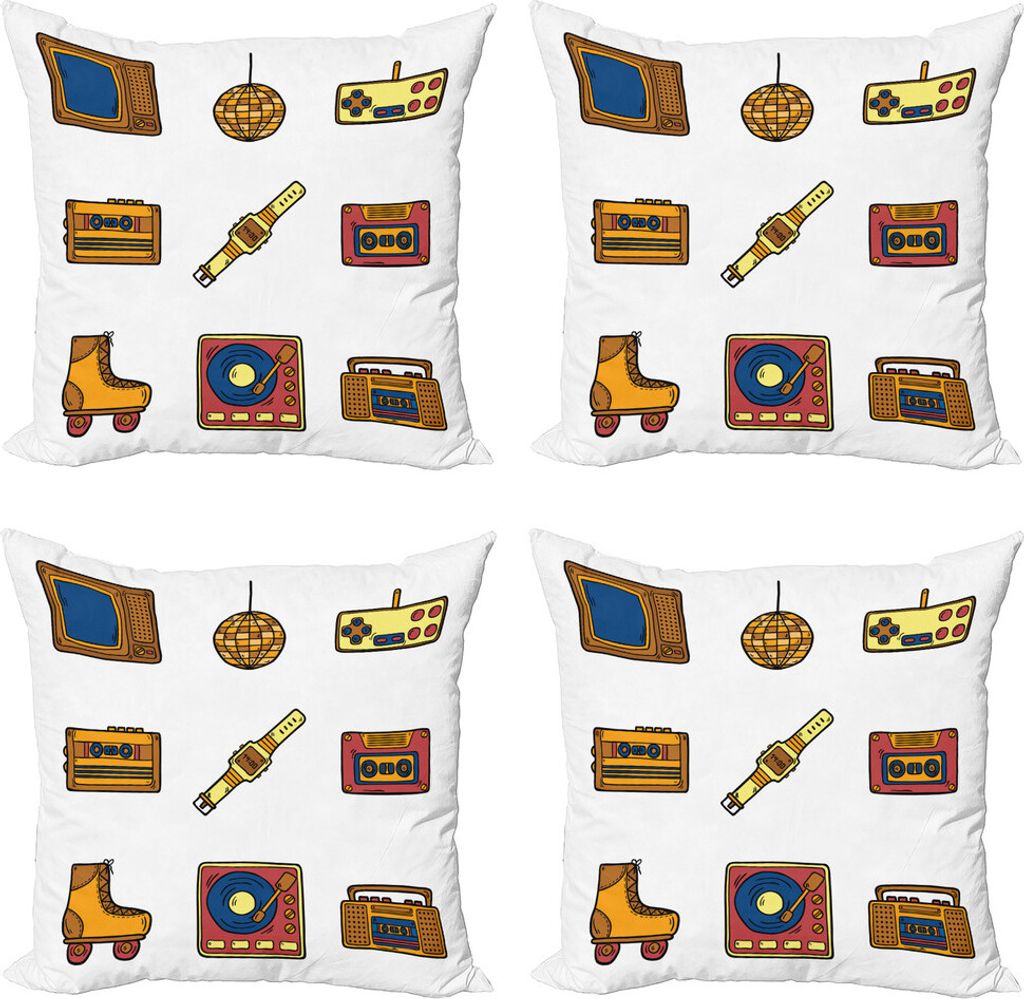 ABAKUHAUS 90s Kissenbezug Set (4 Stück), Cartoon Nostalgic, Moderner Doppelseitiger Digitaldruck, 60 cm x 60 cm, Mustard Navy