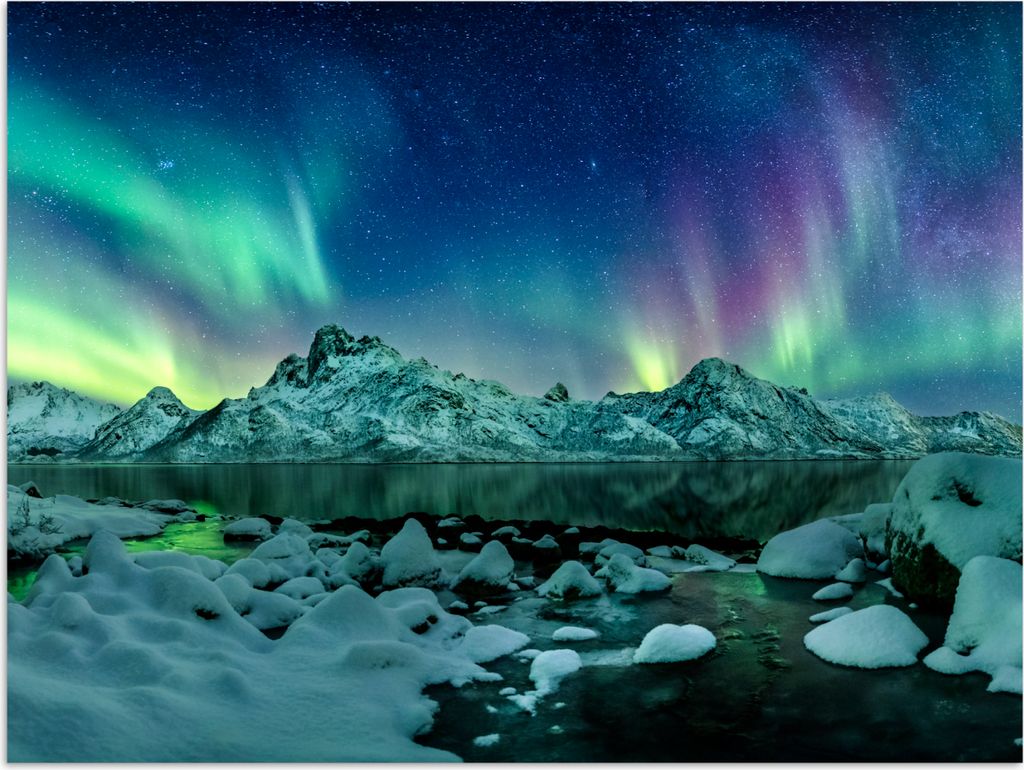 MuchoWow Poster Meer - Eis - Nordlicht - Winter - Natur 80x60 cm - Kunst für zu Hause