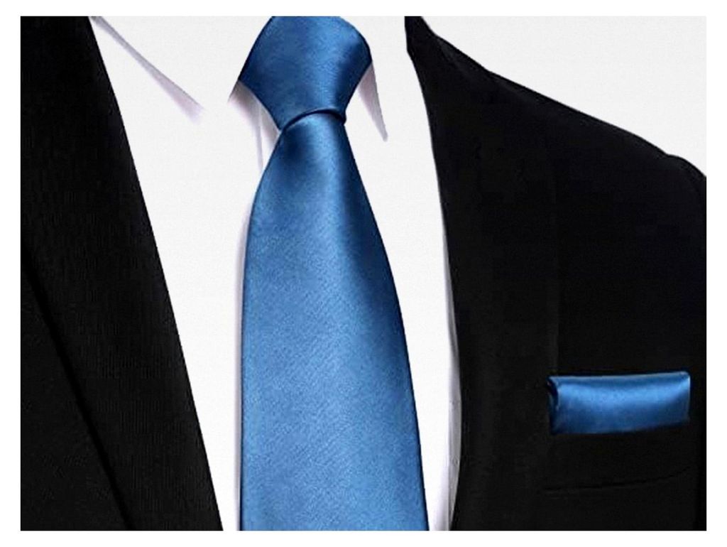Extra lange einfarbige Krawatte in Blau mit Einstecktuch für Herren
