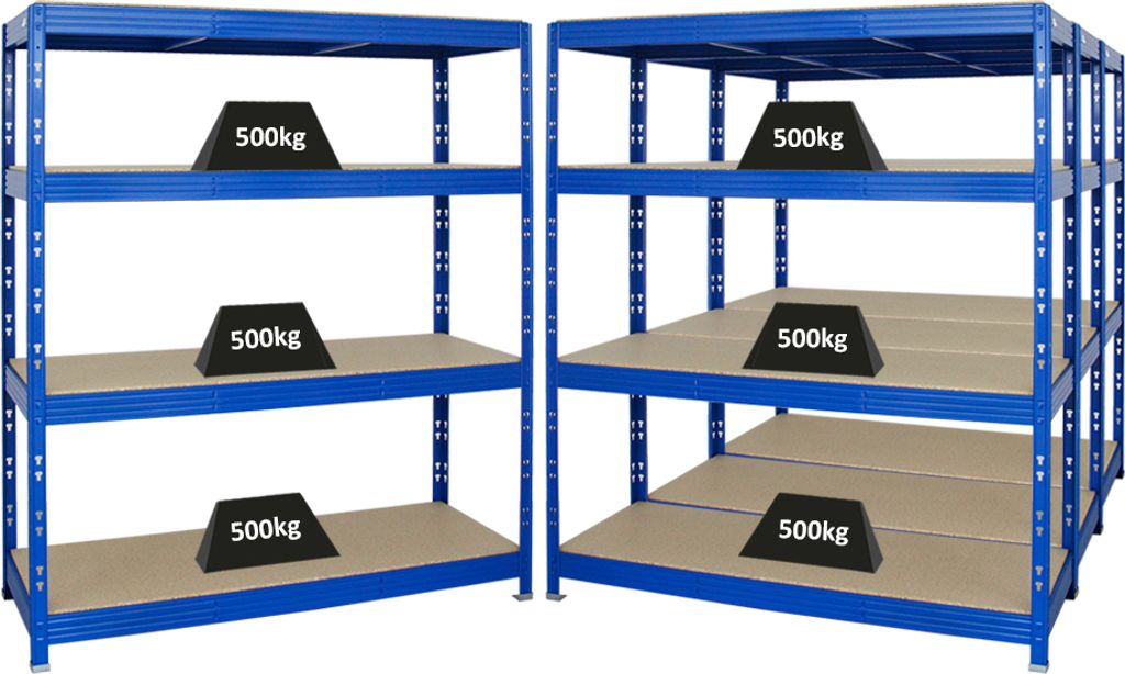 Mega Deal | 4x Profi Schwerlastregal Rhino | HxBxT 180x160x60cm | 4 Spanplatten-Ebenen 16mm | Fachlast 500kg | Blau