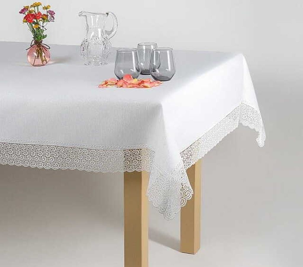 Tischdecke, elegante Tischdecke mit Guipure, weiß, glänzender Stoff 404 130x160