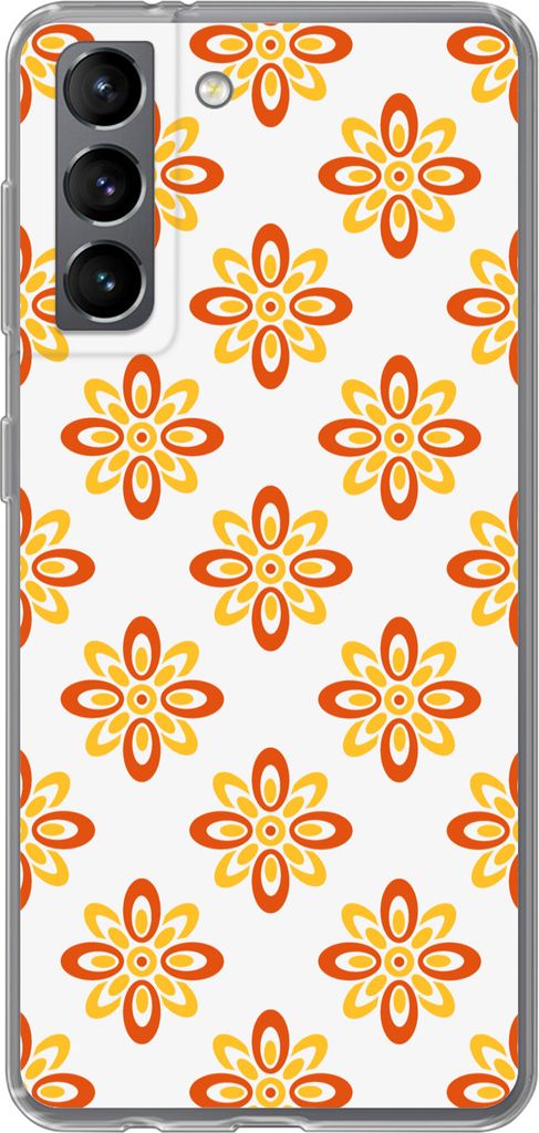 MuchoWow Handyhülle Schutzhülle Hülle für Telefoonhoesje Samsung Galaxy S21 Muster - 70er Jahre - Blumen - Orange Silikon Softcase Handy Hül...