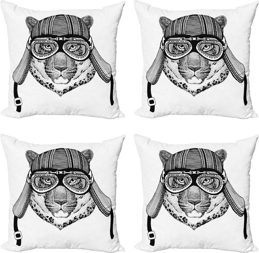 ABAKUHAUS Jaguar Kissenbezug Set (4 Stück), Hipster Cat Modernes Design, Moderner Doppelseitiger Digitaldruck, 50 cm x 50 cm, Schwarz-Weiss
