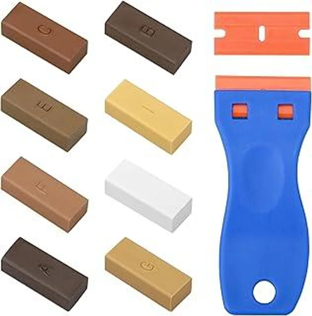 Kit di riparazione con cera dura, riparazione laminato Cera dura per legno/piastrelle/parquet/laminato/vinile, kit di riparazione mobili Cera per riparare graffi, danni e fori su piani di lavoro, 8 colori assortiti - 1