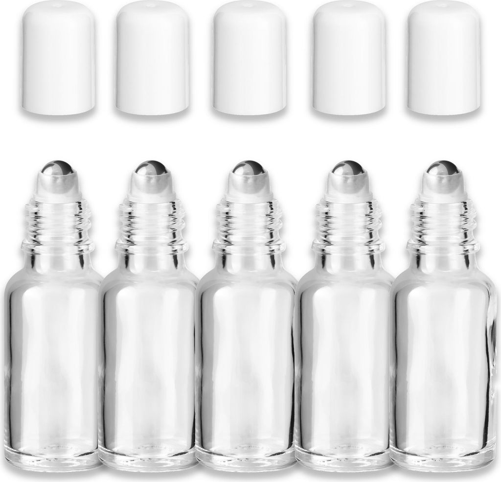 5x Klare Glasflasche 20 ml Roll-on mit weißem Schraubverschluss leer