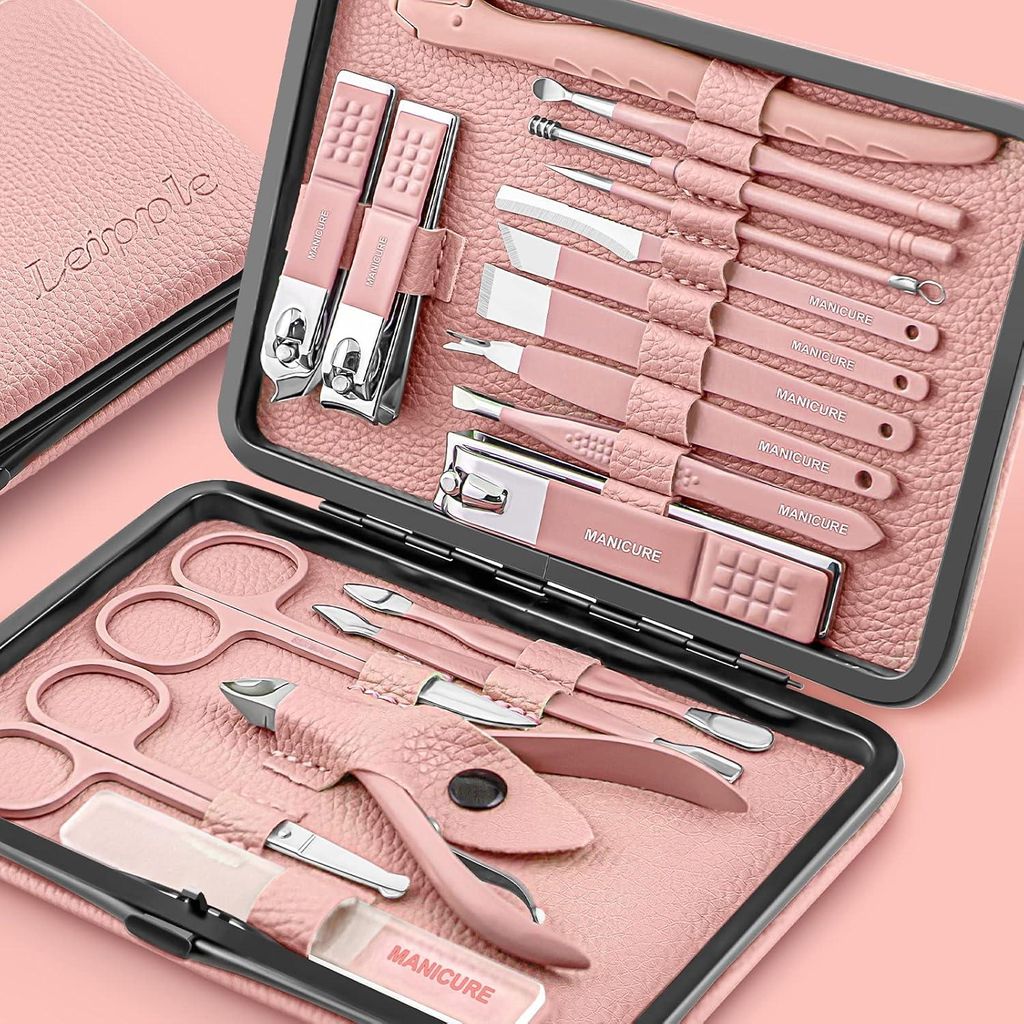 Maniküre Set Professionelles Pediküre Kit Nagelknipser Set - 18 Teile Nagelpflege Werkzeuge - Pflege Kit mit Luxus Upgraded Reisetasche - Rosa Farbe
