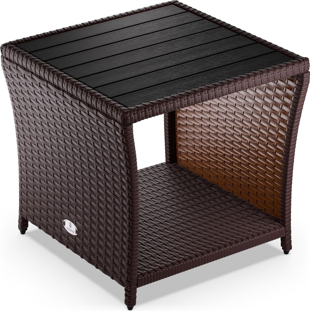 A brown polyrattan side table with a black WPC tabletop is shown against a white background.