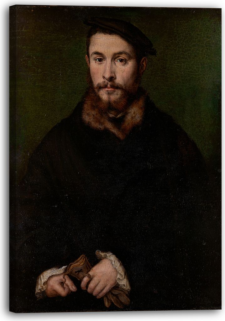 Leinwandbild (40x60cm): Corneille de Lyon - Portrait eines Mannes mit Handschuhen, echter Holz-Keilrahmen inkl. Aufhänger, handgefertigt in Deutsc...