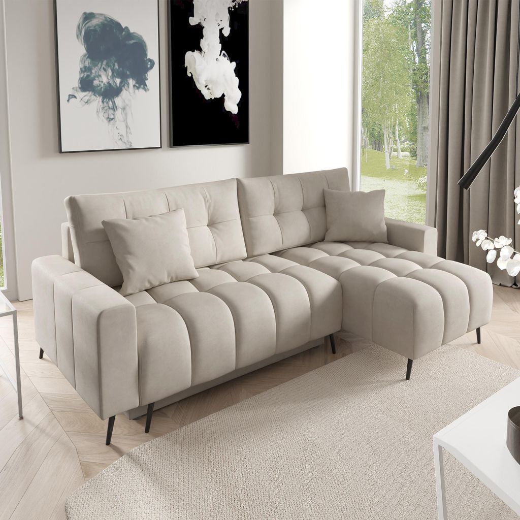 Ecksofa DENVER Beige, L-Form - mit Schlaffunktion, Bettkasten & universeller Ottomane
