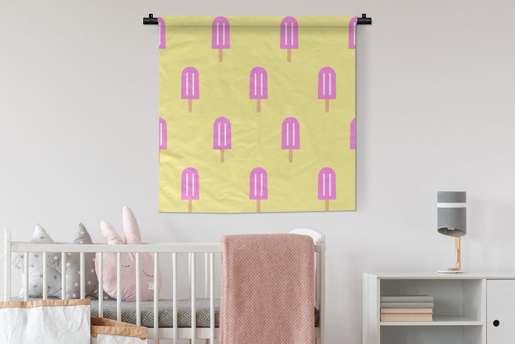 MuchoWow Wandteppich Wandbehang Eiscreme - Muster - Gelb - Rosa 90x90 cm Tapisserie Dekoration Wandtuch - Wandaufhänger