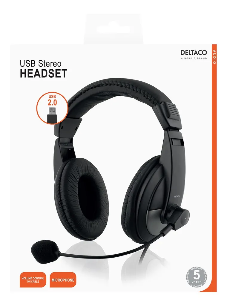 Casque stéréo DELTACO micro escamotable et commande de volume - 2m - 4