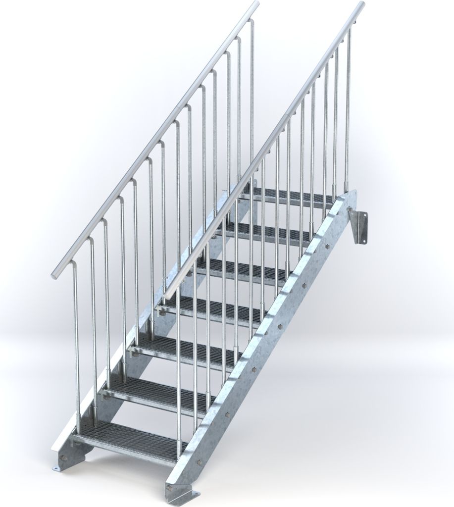 Stahltreppe 7 Stufen bis Höhe 140 cm, Laufbreite : 70 cm beidseitiges Geländer ST 2 (31 / 31 mm gezackt)