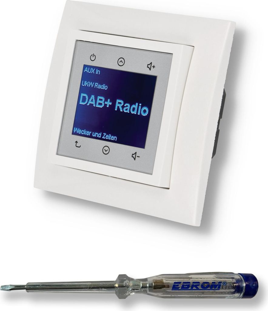 BERKER Unterputz DAB+ Radio 29848989 polarweiß glänzend mit 1fach Rahmen Berker 10118989 inkl. EBROM Phasenprüfer zur Montage des Geräts