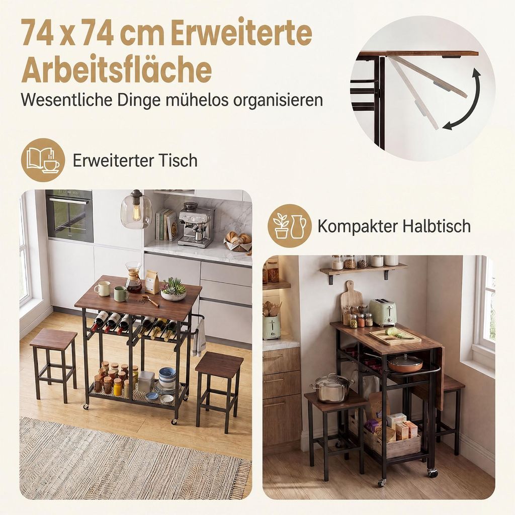 KOMFOTTEU Esstisch Set, 3-teiliger Küchentisch klappbar mit