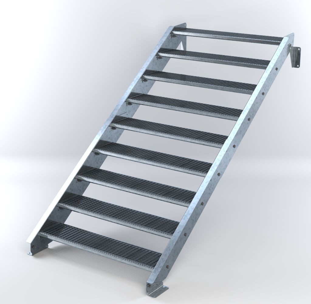 Stahltreppe 9 Stufen bis Höhe 180 cm, Laufbreite : 120 cm kein Geländer ST 1 (31 / 31 mm)