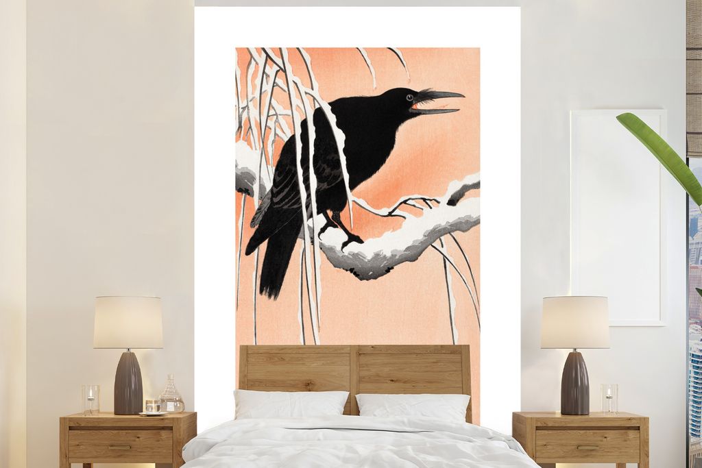 MuchoWow Fototapete für Wohnzimmer oder Schlafzimmer Wandtapete Vinyl Motivtapete Krähe - Zweig - Japanisch - Skandinavisch - Vintage - 195x300...