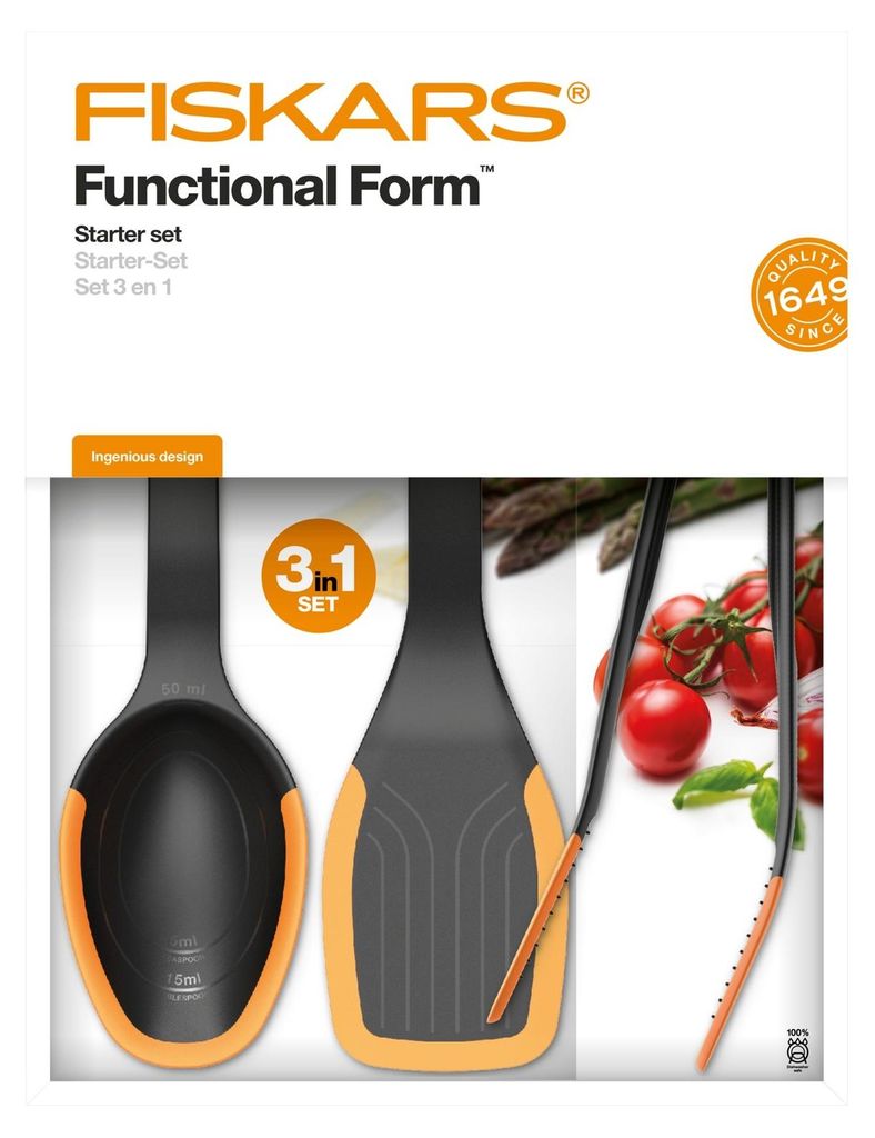Product packaging for a Fiskars Functional Form starter set of kitchen utensils.
