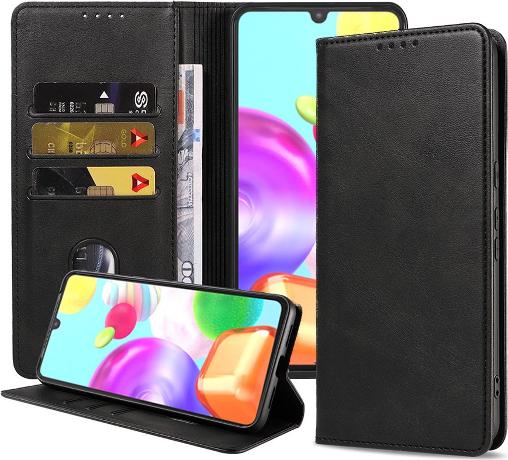 Smartphonica Samsung Galaxy A41 kunstleren hoesje met magnetische sluiting en pashouders book case - zwart