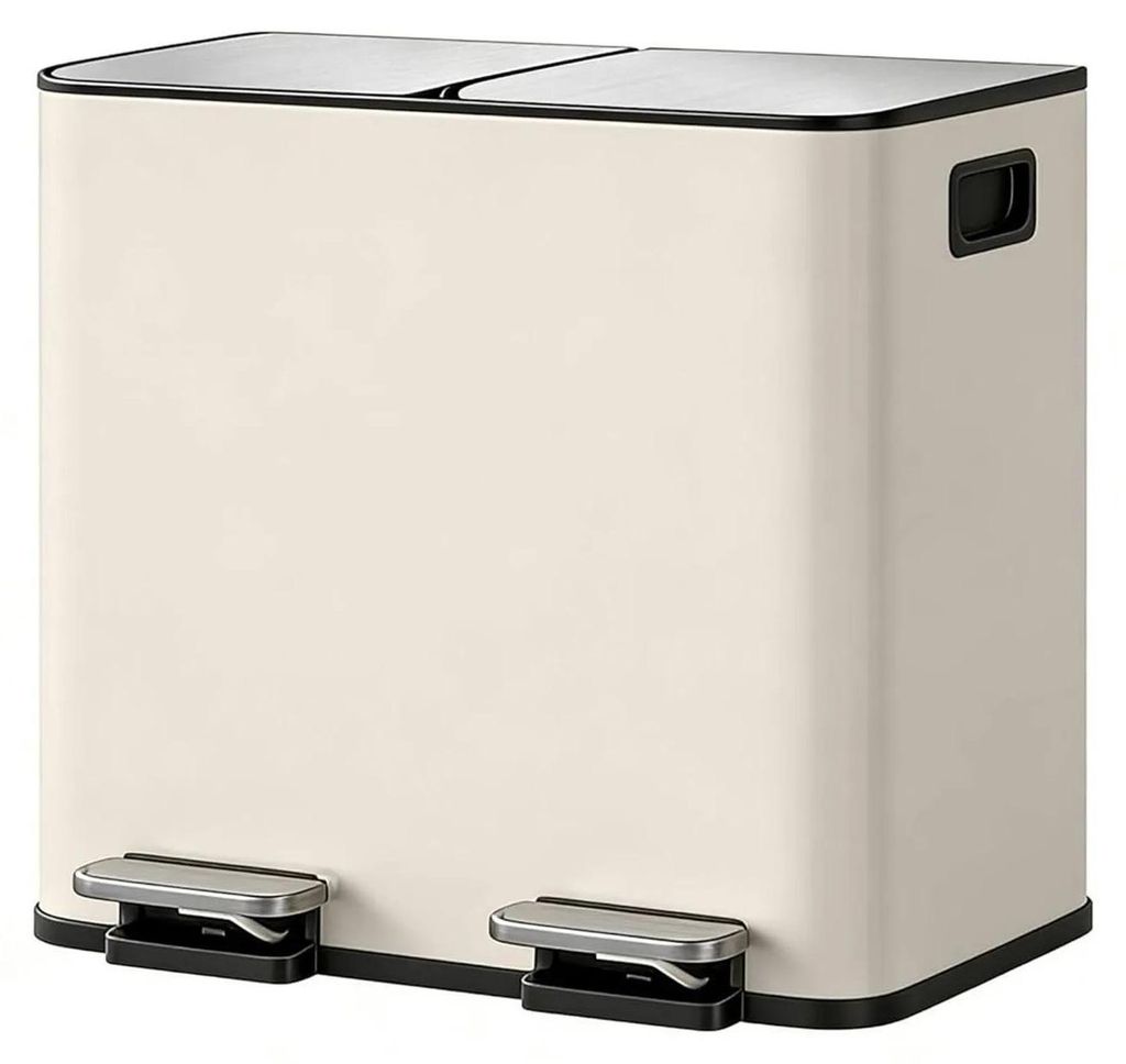 Doppel-Mülleimer für die Küche - Abfall- & Recyclingbehälter 2×15 l - 30 l Gesamtvolumen - Edelstahl - Mit Deckel - Cremeweiß