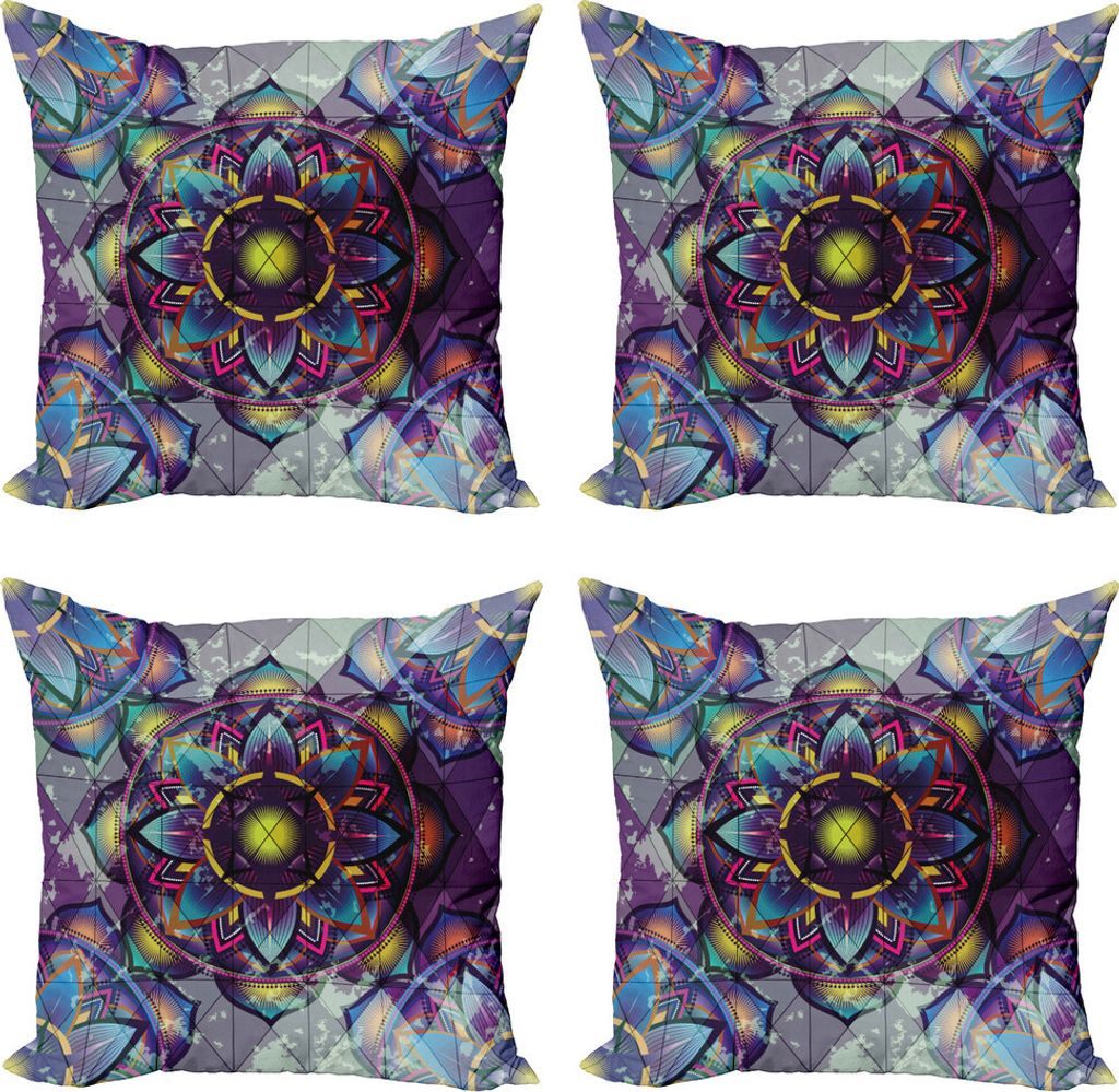 ABAKUHAUS Lotus Kissenbezug Set (4 Stück), Grunge Futuristic Mandala, Moderner Doppelseitiger Digitaldruck, 60 cm x 60 cm, Mehrfarbig