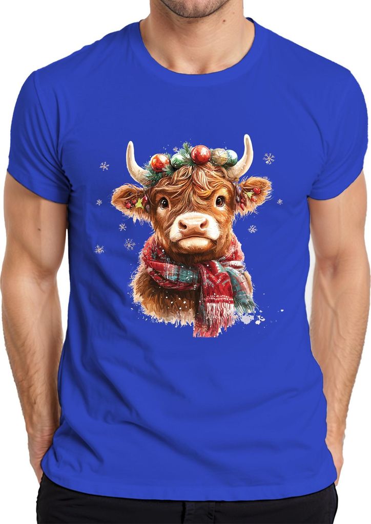 Weihnachten Niedliche Highland Kuh Schneeflocken Vintage Geschenk Herren T-Shirt, Blau, XXL