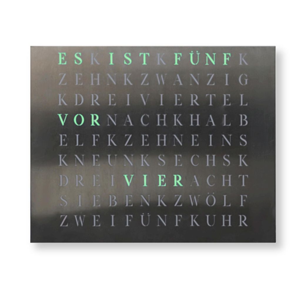 WordClock Jupiter gelaserter Edelstahl - elegante Wortuhr in Deutsch - LED Wanduhr