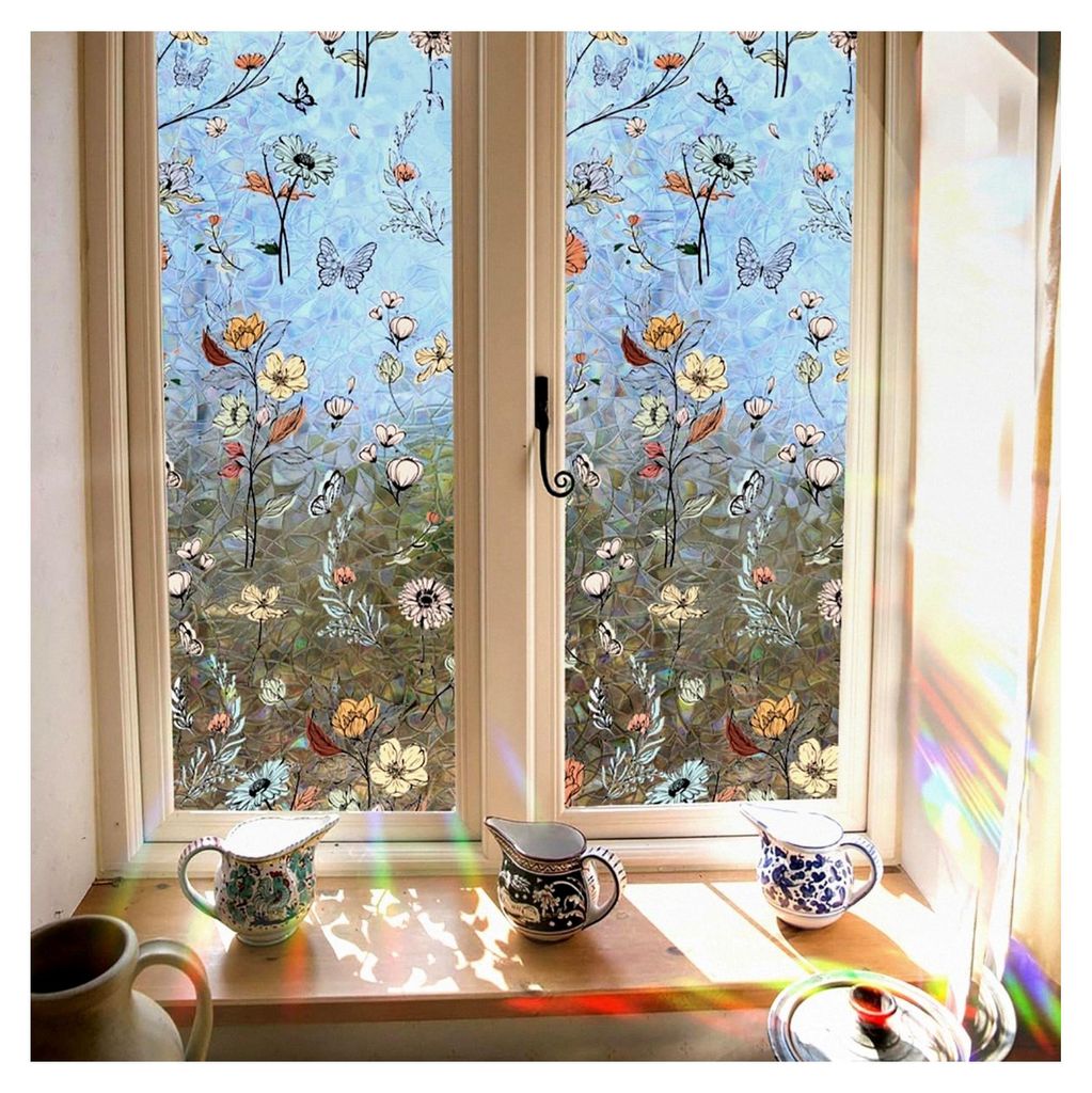 Fenster-Sichtschutzfolie, Regenbogen-Boho-Blume, 3D, dekorativ, Vinyl, Buntglas, Wildblumen-Aufkleber, statisch, 40 x 101,6 cm