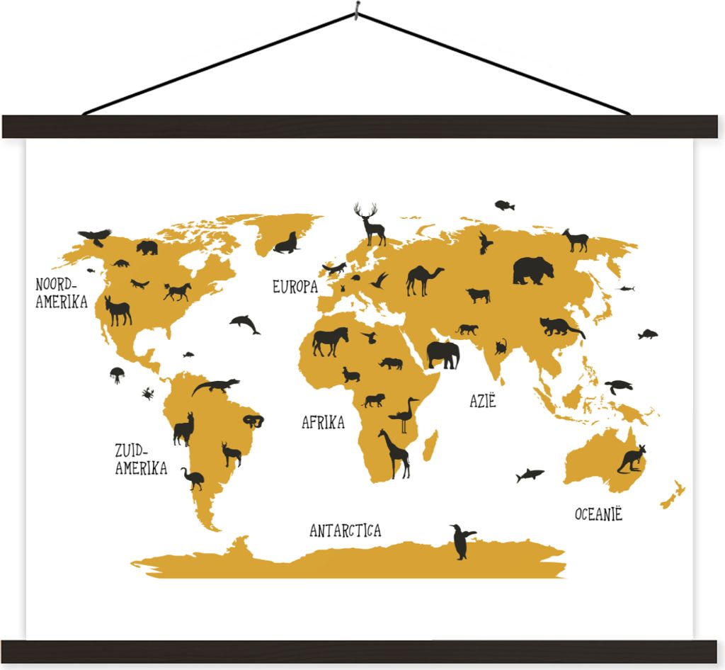 MuchoWow Textilposter Weltkarte Kinder - Tiere - Braun 150x113 cm mit schwarzem Rahmen - Wohnzimmer