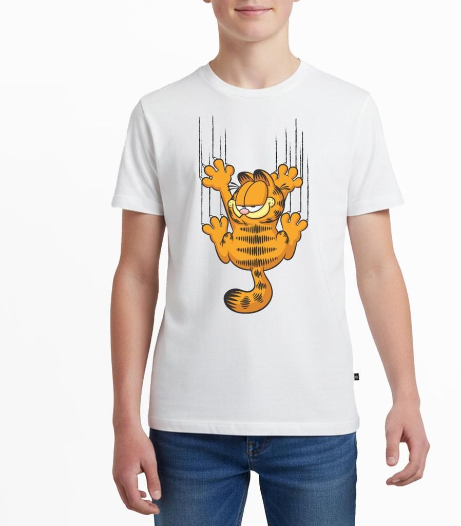 Spreadshirt Garfield Kratzer Teenager Premium T-Shirt, 158/164 (12 Jahre), Weiß