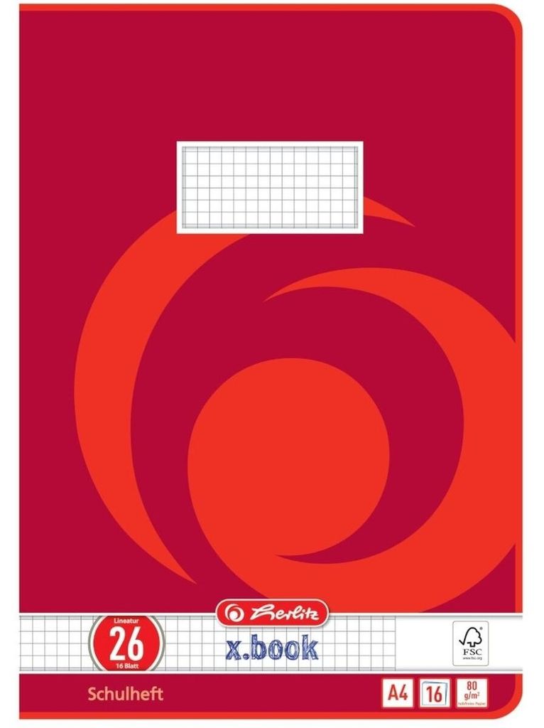 Herlitz Schulheft x.book DIN A4 Lineatur 26, 16 Blatt kariert mit Rand
