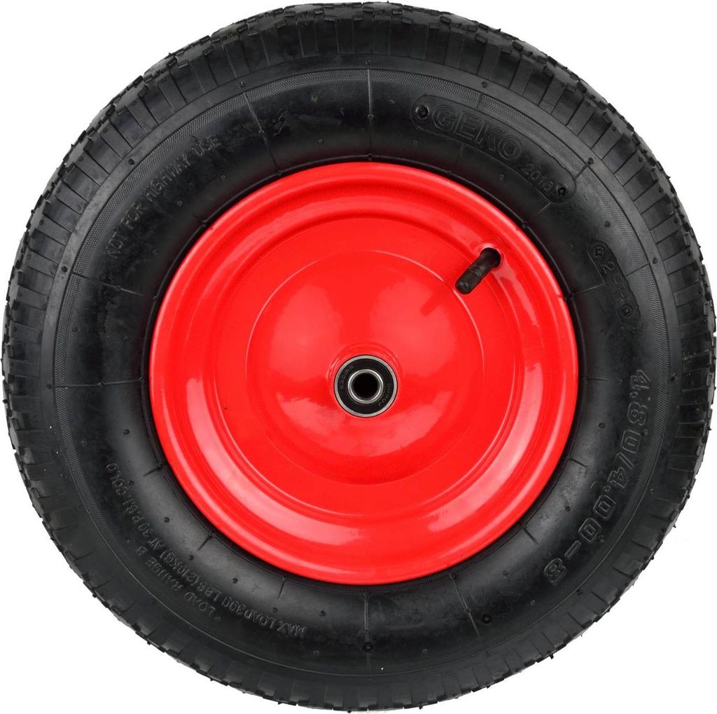 A close-up, front-facing view of a wheel with a red rim and black tire.