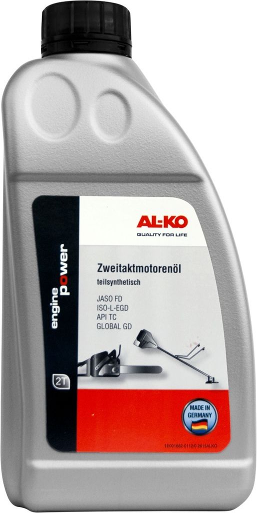 A bottle of AL-KO two-stroke engine oil against a white background.