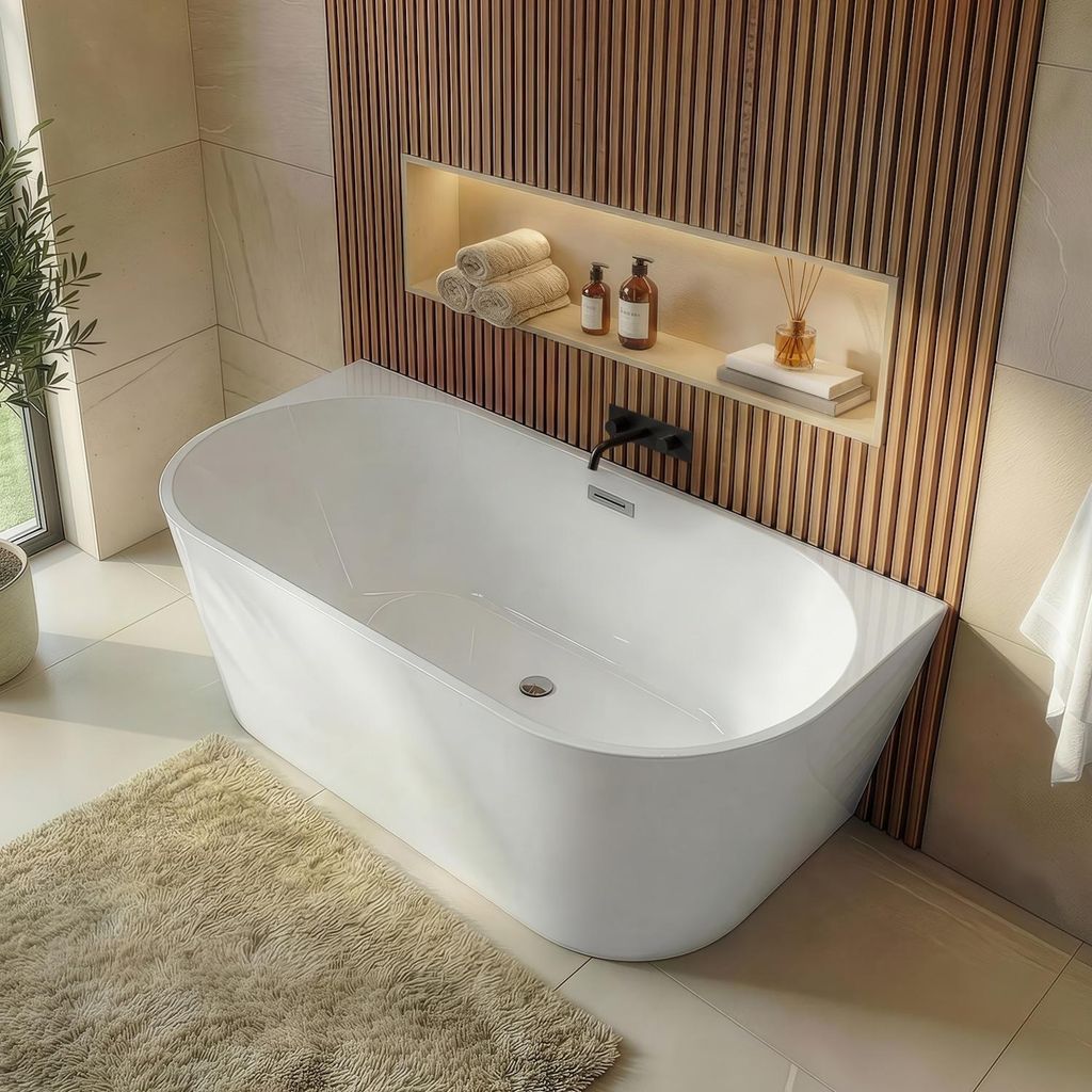 Badplaats Halb Freistehende Badewanne Isia 170 x 75 x 60 cm Weiß Hochglanz - Standbadewanne aus Acryl mit Mit Überlauf und Abflussstopfen