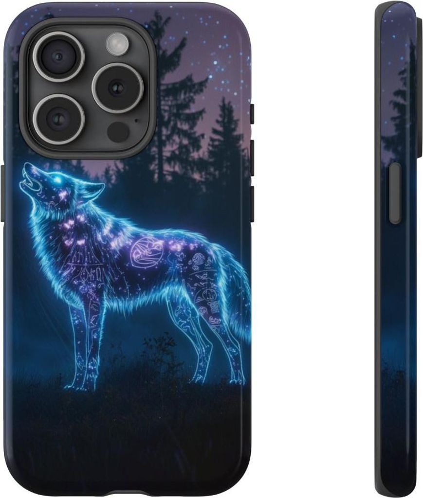 Leuchtender Wolf mit mystischen Symbolen – Hülle Kompatibel mit iPhone 15 Pro