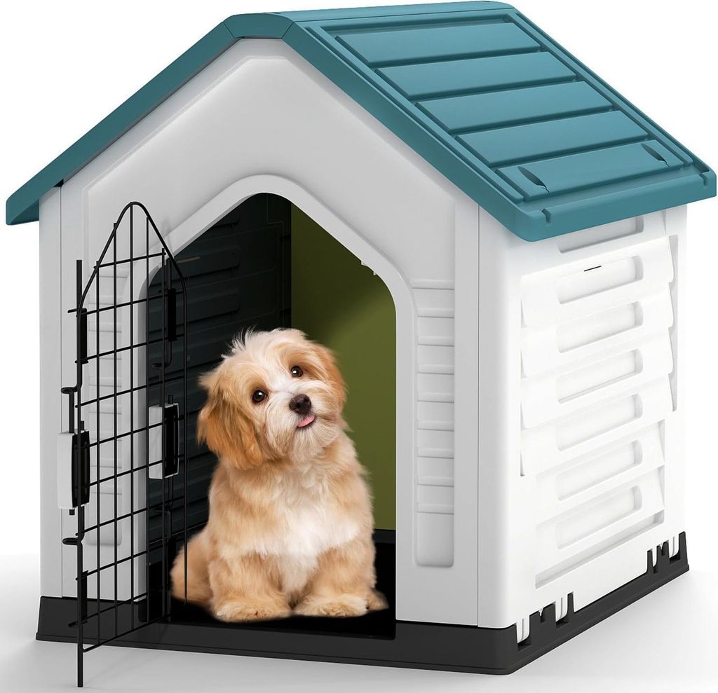 GOPLUS Hundehütte Outdoor, Hundehütte wetterfest mit verschließbarer Gittertür & erhöhter Boden, Luftventile, Haustierhaus Zuhause für Hunde ...