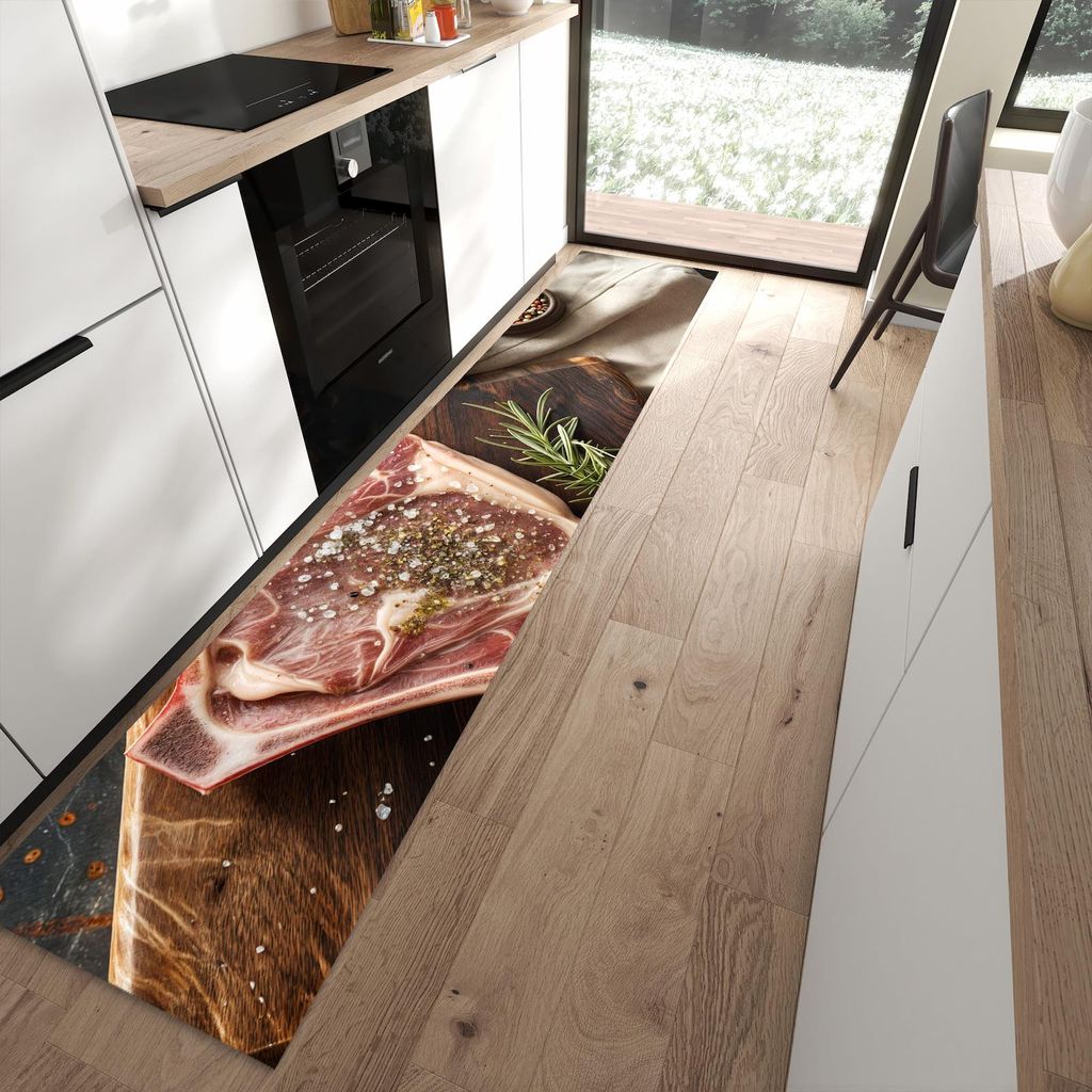 Küchenteppich 60x300cm rutschfest & abwischbar PVC Läufer - Steakauf Holzbrett
