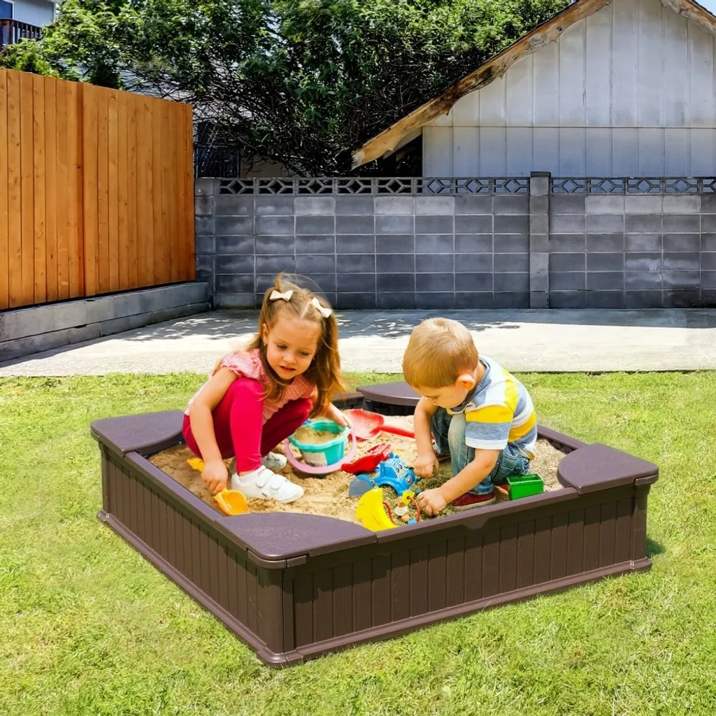 Bac à sable robuste 123cm avec assises intégrées et bois traité extérieur - 8