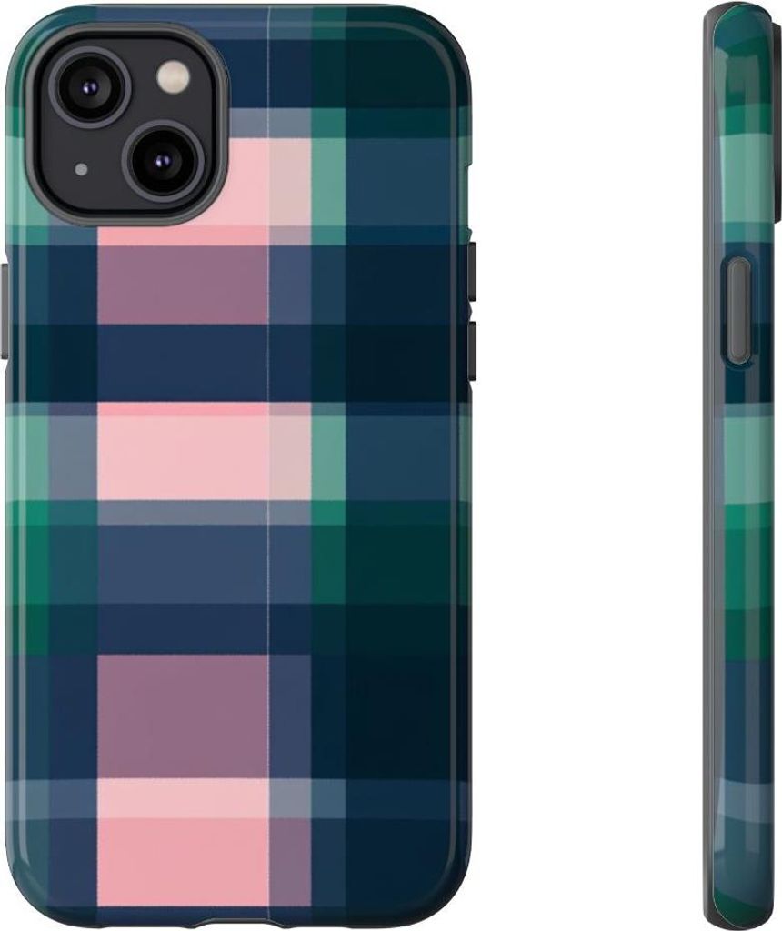Kariertes Muster in Smaragdgrün und Pink – Hülle Kompatibel mit iPhone 14 Plus