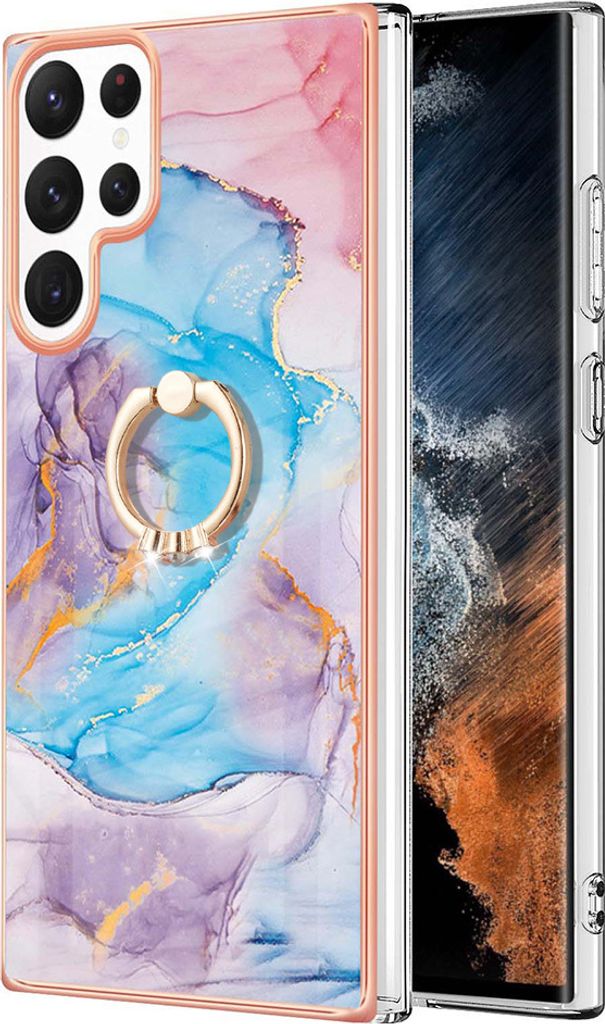 Hülle für Samsung Galaxy S22 Ultra 5G Muster TPU Silikon Stoßdämpfer Bumper Schutzhülle mit Ring Ständer Blau