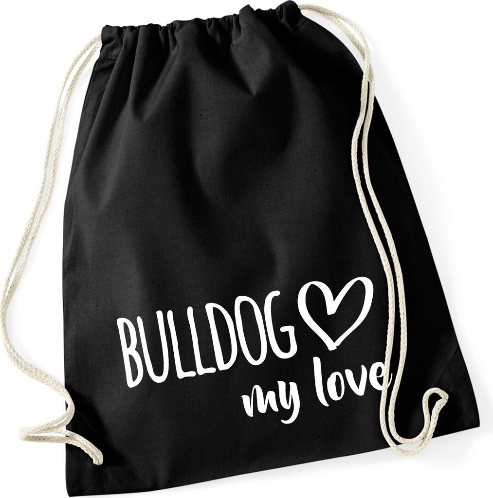 Huuraa Turnbeutel Bulldog my love 12 Liter Black Baumwolle Rucksack Geschenkidee