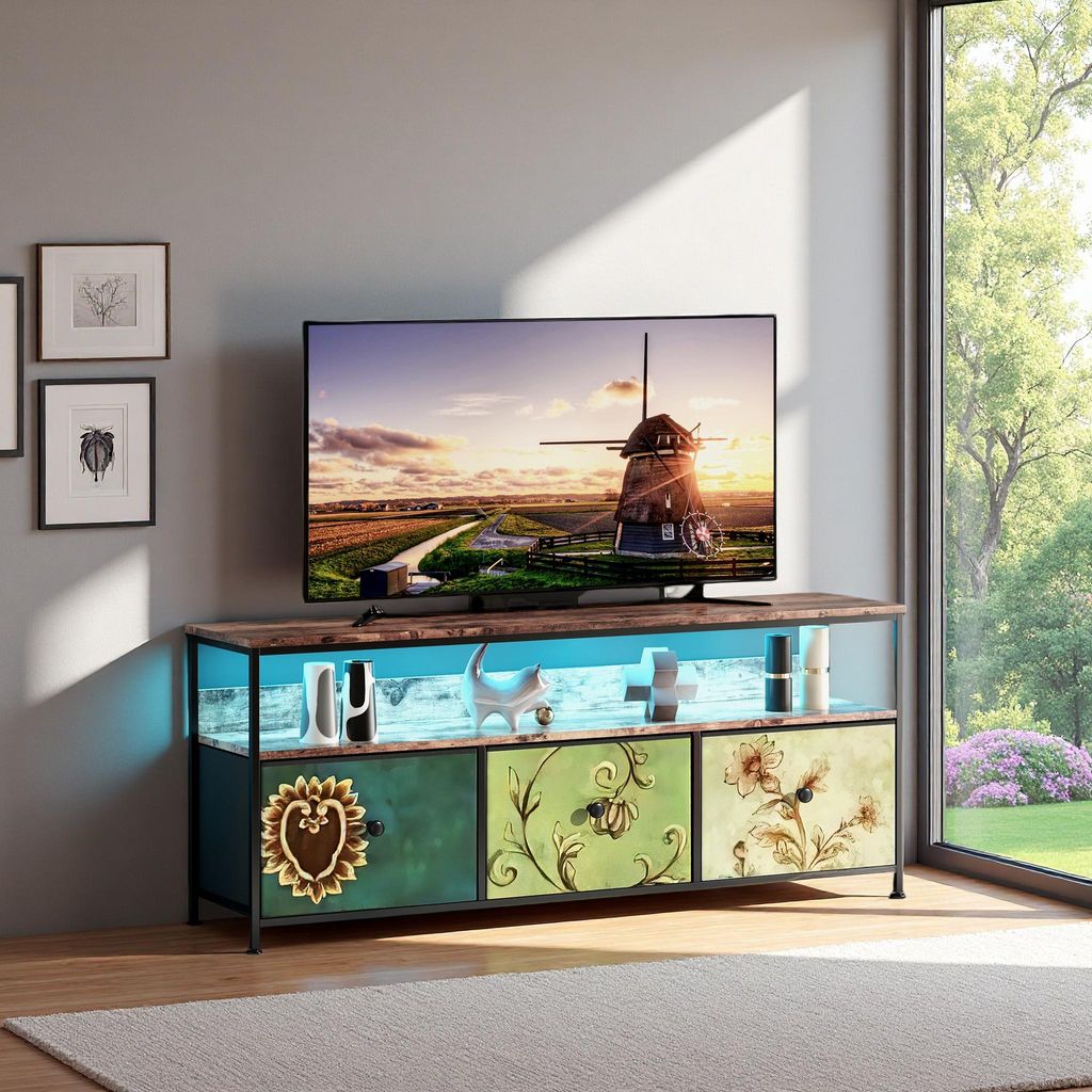 ProximaX TV-Schrank mit RGB LED-Beleuchtung, Vintage-Design Fernsehtisch mit 3 Schubladen, Multifunktionaler Lowboard für Wohnzimmer, 137cm