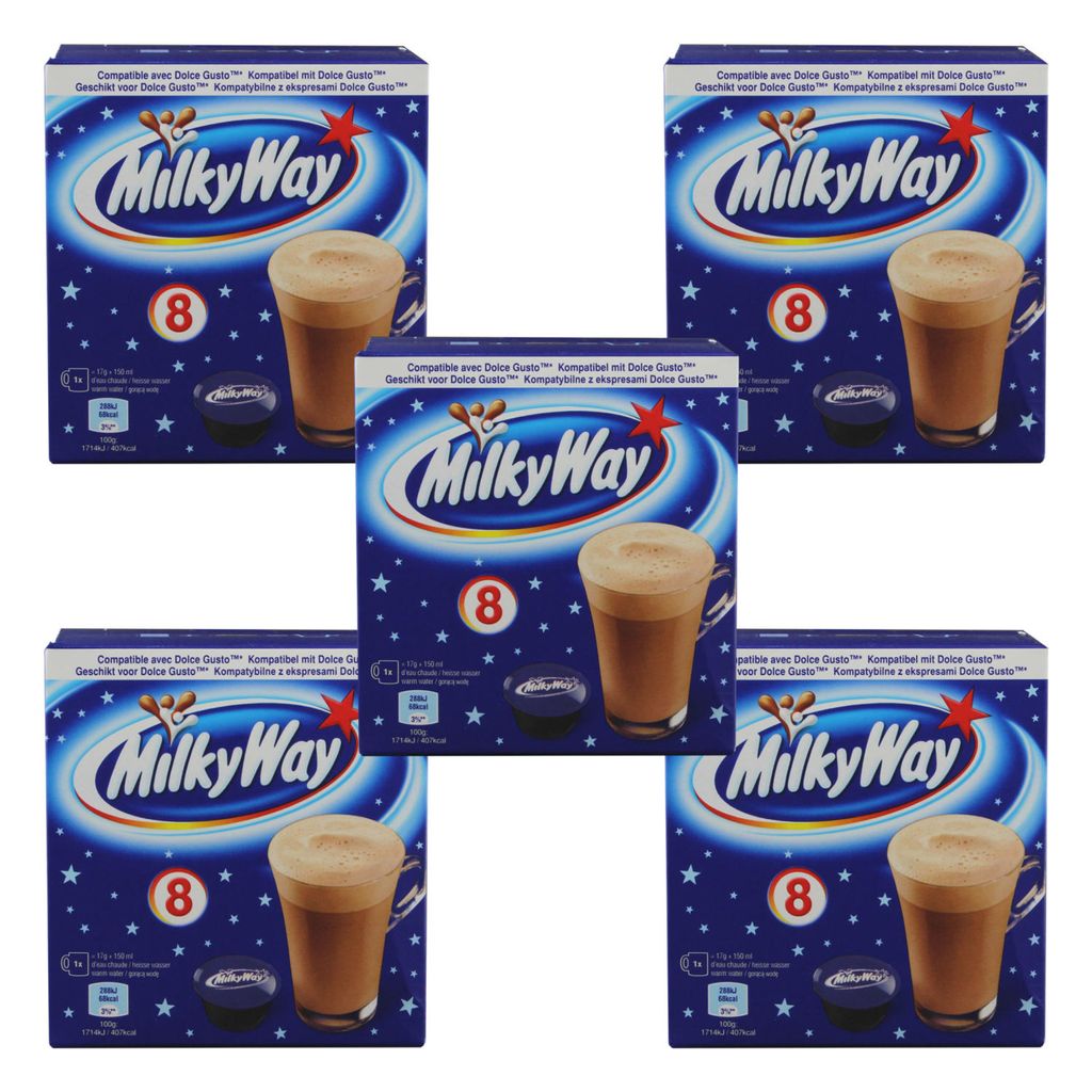 Milky Way Pods Getränkepulver 5er Set, Kakaogetränk, Schokogetränk, Milky Way Riegel, Dolce Gusto kompatibel, Kaffeekapseln, 5 x 8 Kapseln