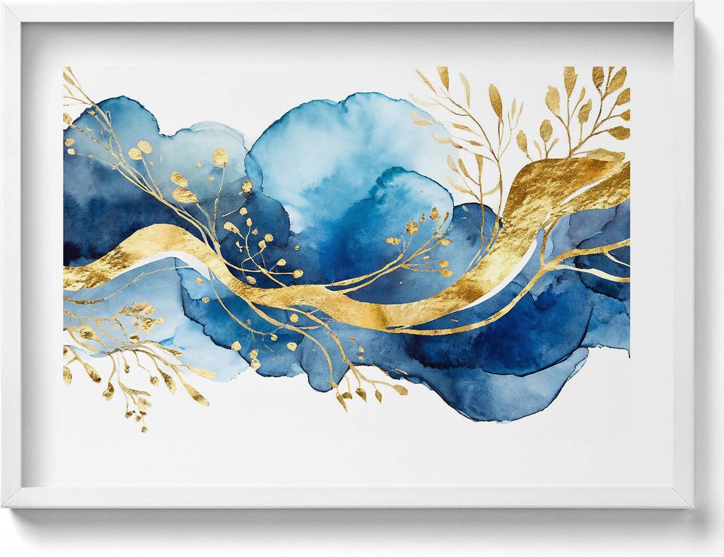 Abstraktion von goldenen Pflanzen auf blauem Hintergrund– Wandbild mit Rahmen – Gerahmtes Bild – Wanddekoration – 70x50 cm – Schwarz Rahmen