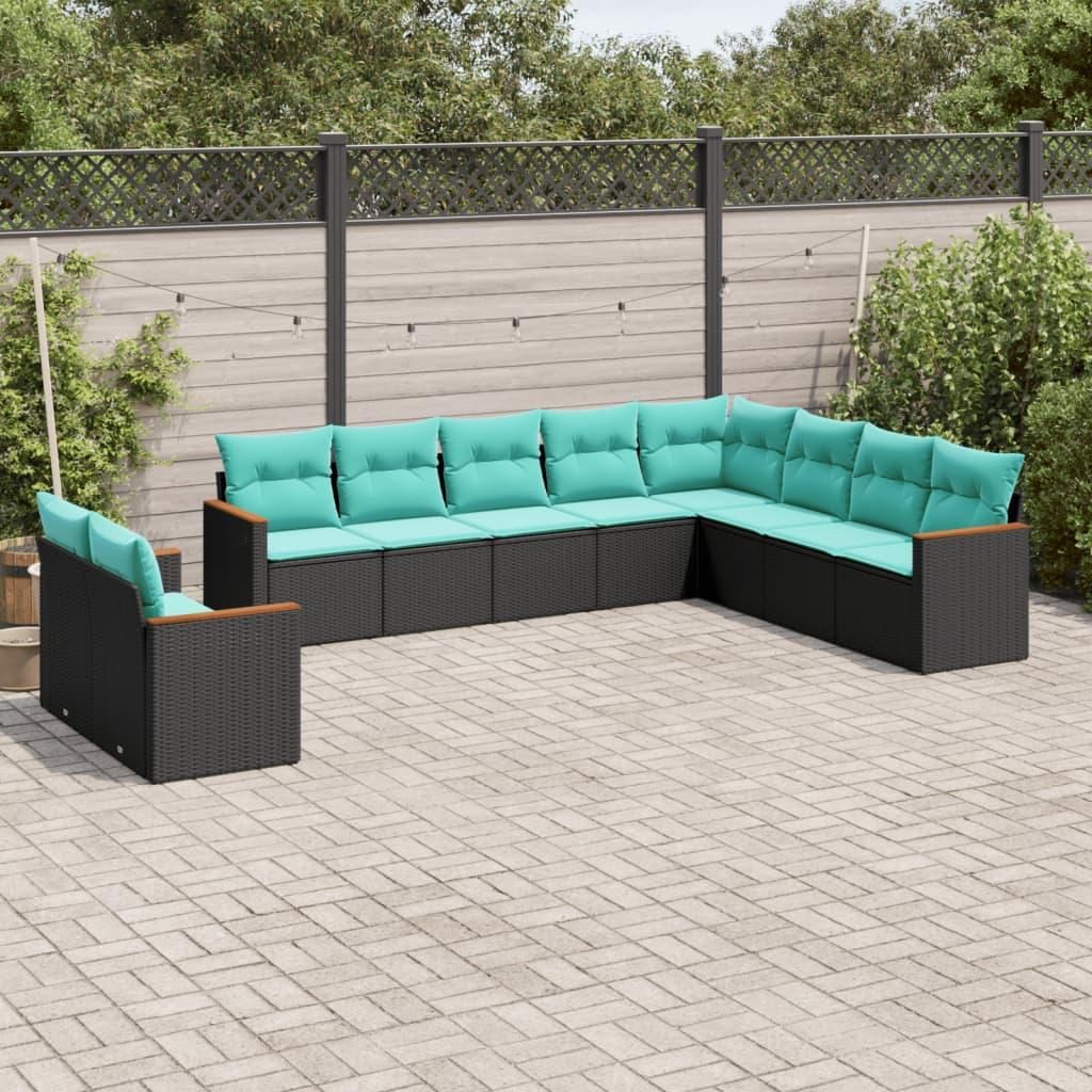 Möbel 10-teiliges Gartensofa-Set mit Kissen, schwarzes Polyrattan - Gartenmöbelgarnituren 3226113